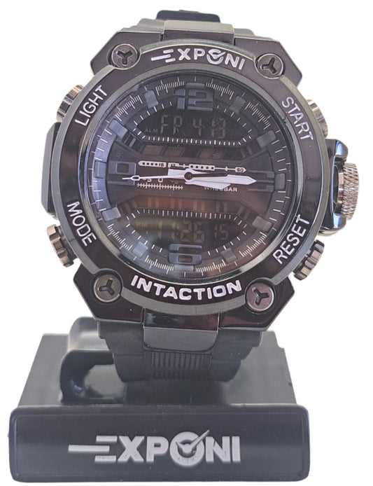 Complex digital watch with multiple functions on a white background