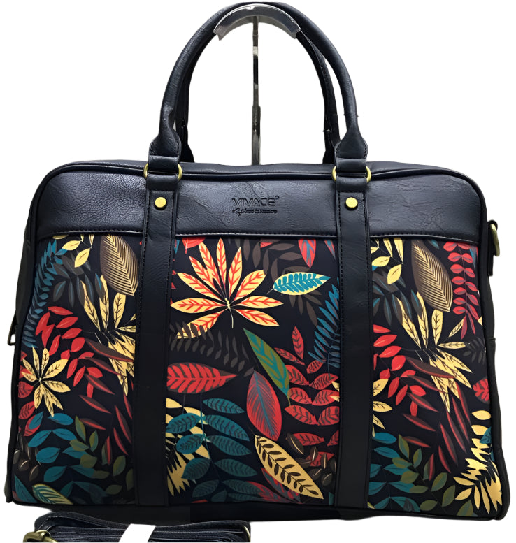 A collage of four laptop bags with floral and botanical prints and faux leather accents in black, brown, and tan colors.