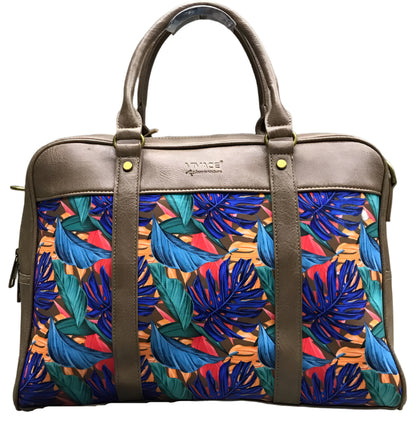 Collage of floral-patterned bags on a wooden surface
