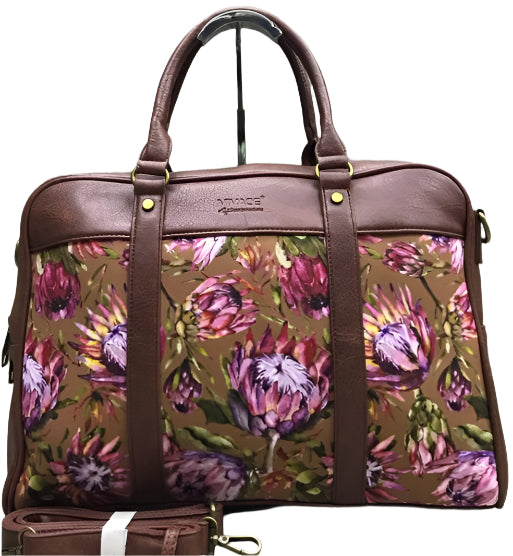Collage of floral-patterned bags on a wooden surface