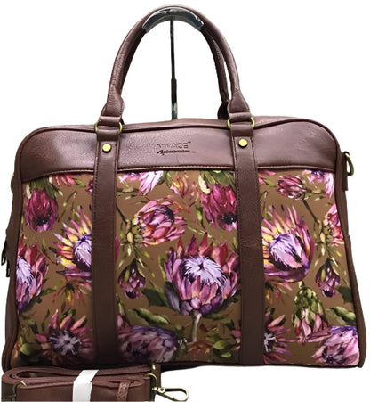 Collage of floral-patterned bags on a wooden surface