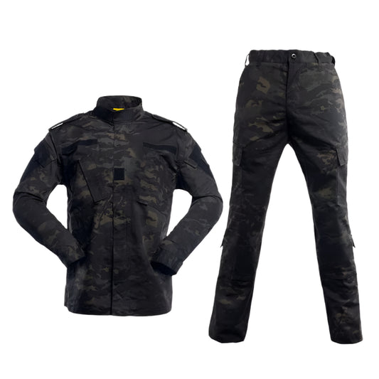 Men’s Outdoor Utility Uniform Set Long-Sleeve Shirt & Cargo Pants Black Camo