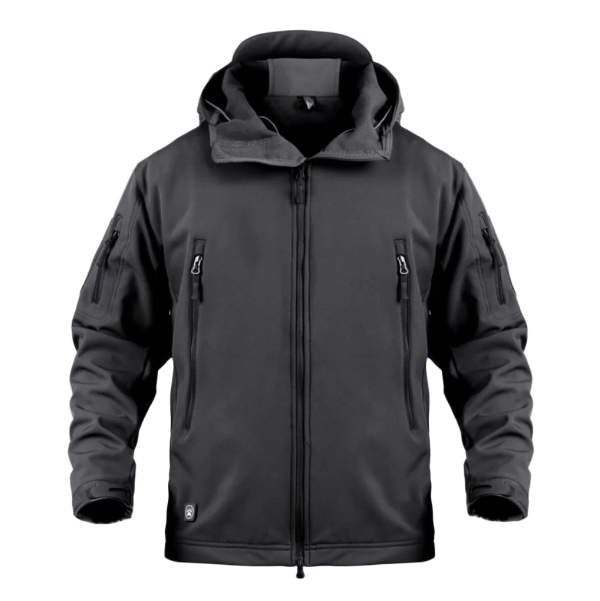 Black jacket with a hood on a white background