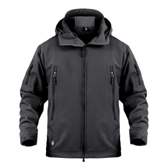 Black jacket with a hood on a white background
