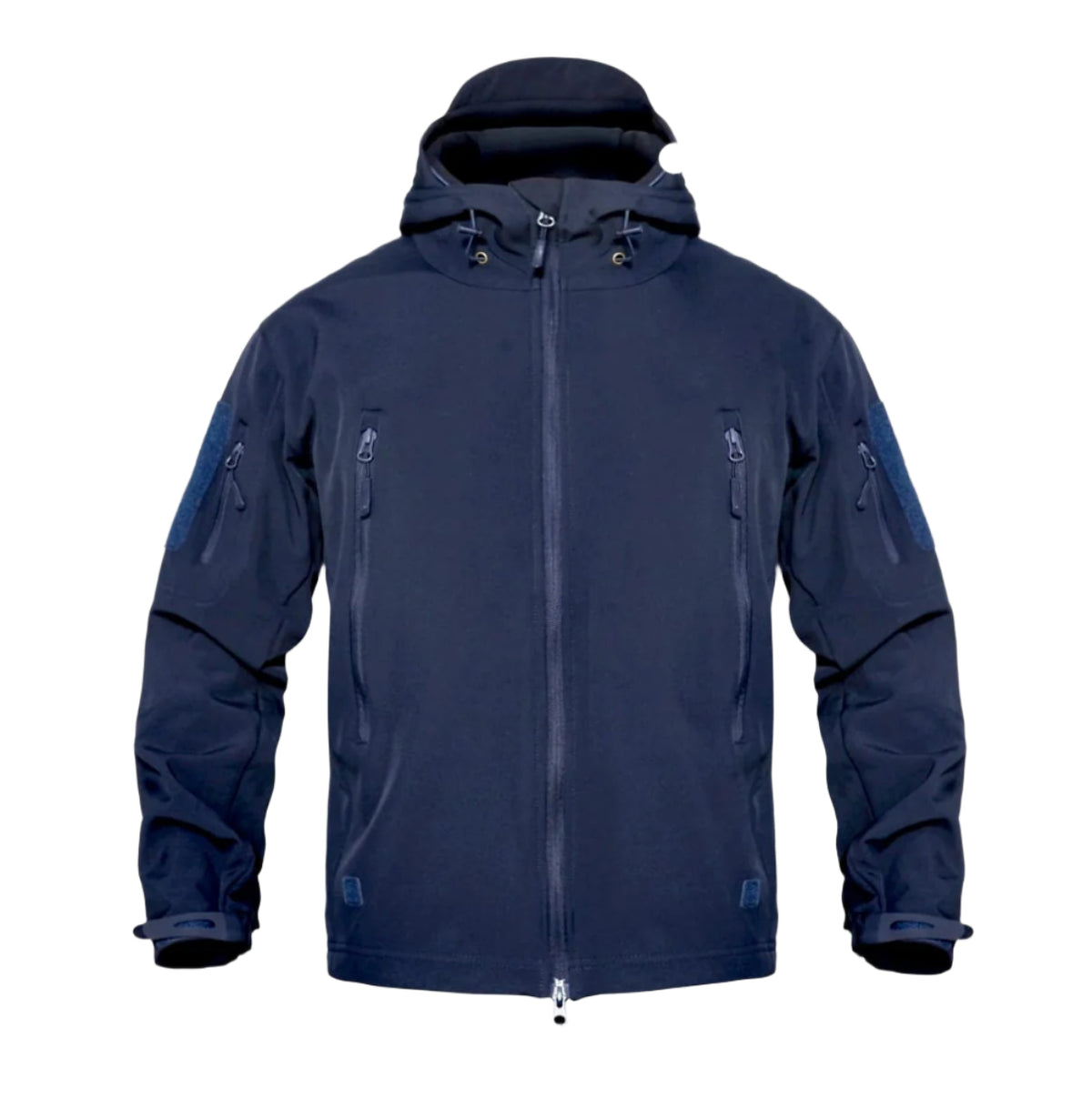 Navy blue jacket on a white background with a label indicating the color.