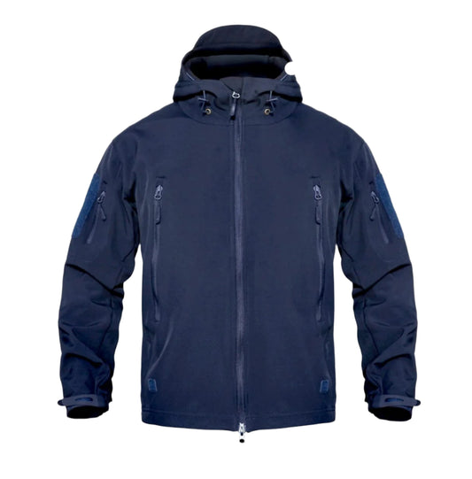 Navy blue jacket on a white background with a label indicating the color.