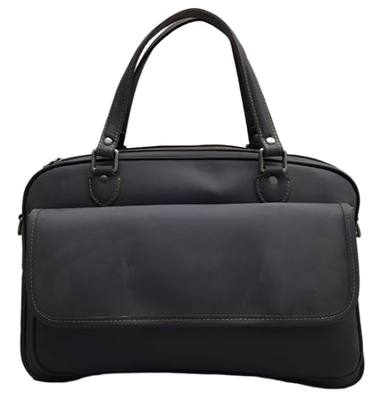 A collage of images showing a genuine leather laptop bag in black and brown colors, with views of the front, side, and interior, including a shoulder strap.