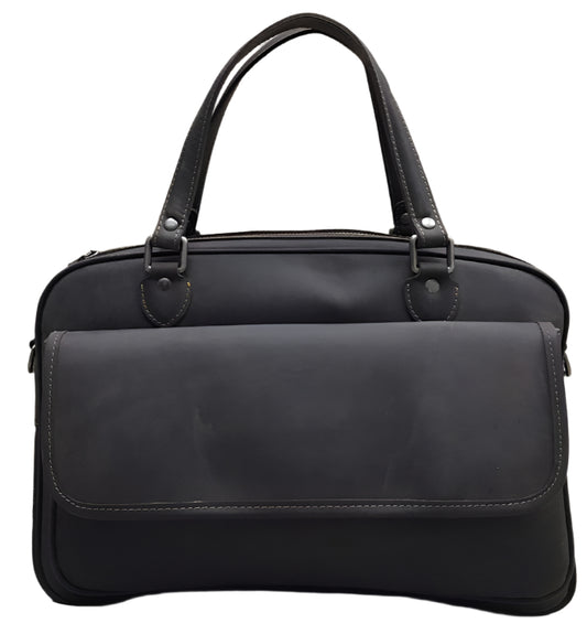 A collage of images showing a genuine leather laptop bag in black and brown colors, with views of the front, side, and interior, including a shoulder strap.