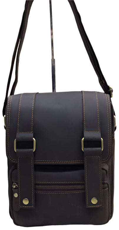 A collage of images showing a brown genuine leather shoulder bag with multiple views, including the front, side, and top. The bag features a zippered closure and an adjustable shoulder strap.