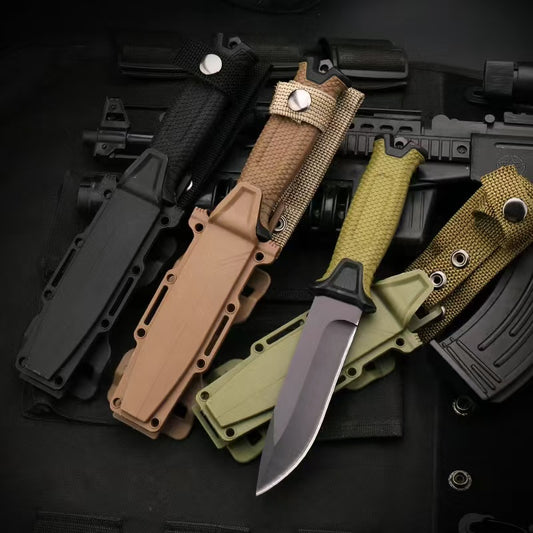 Durable fixed-blade knife with a textured grip handle.