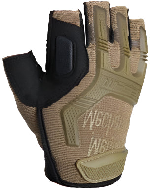 Three gloves in black, green, and brown on a white background