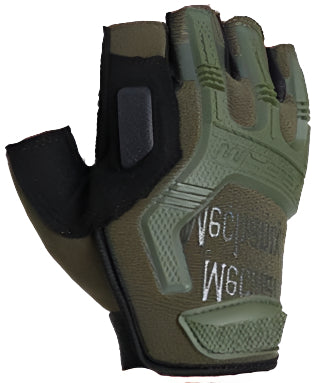 Three gloves in black, green, and brown on a white background