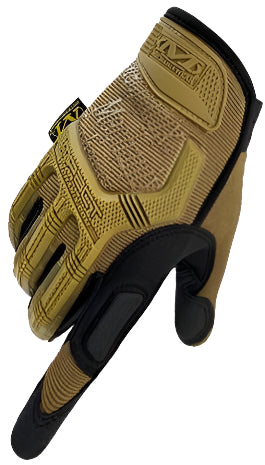 Three pairs of Mechanix Wear M-Pact gloves in black, khaki, and green colors, displayed in a row with the palms facing forward.