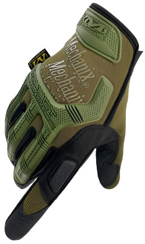Three pairs of gloves in brown, green, and black on a white background