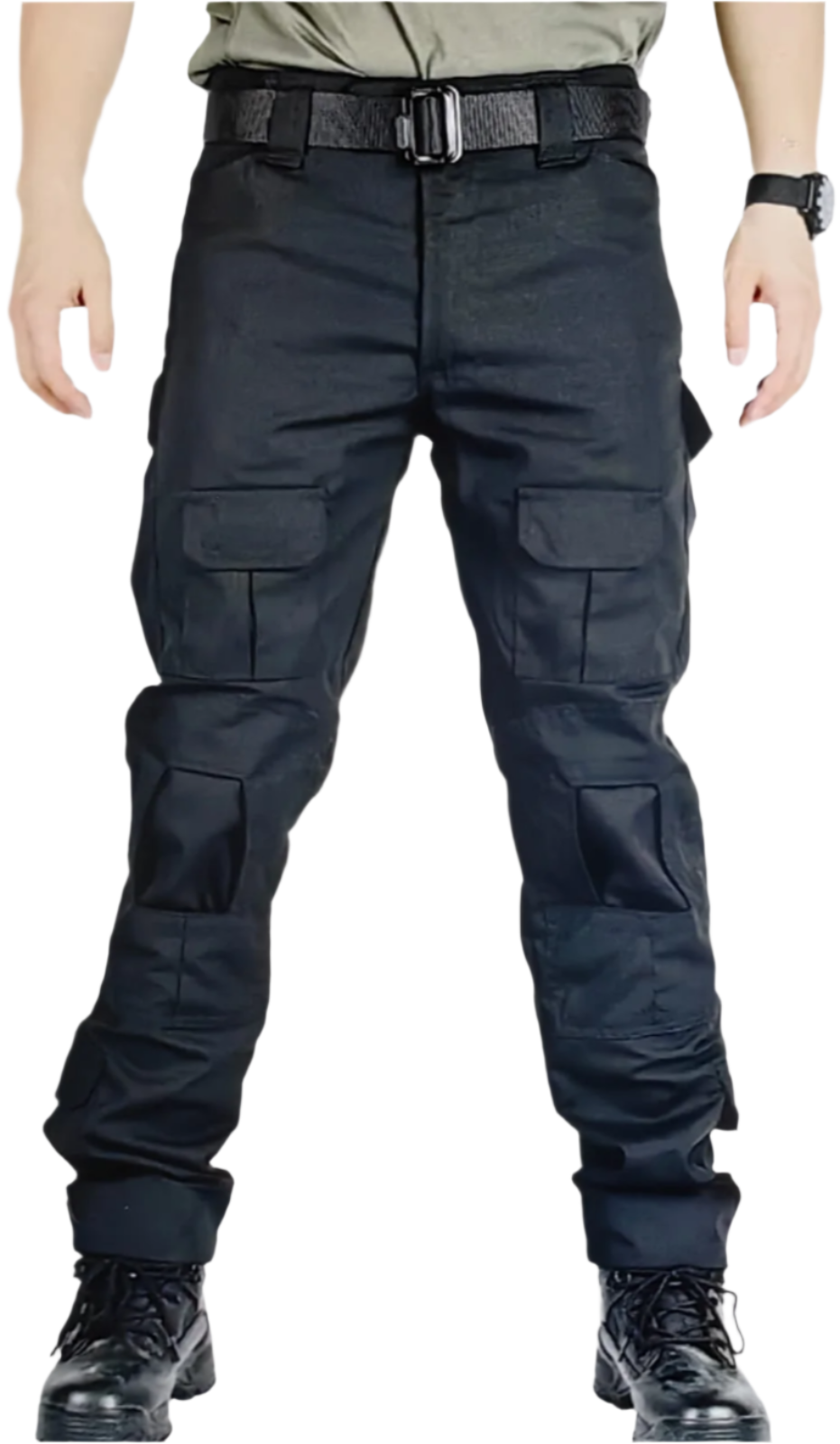 Black cargo pants worn by a person on a white background