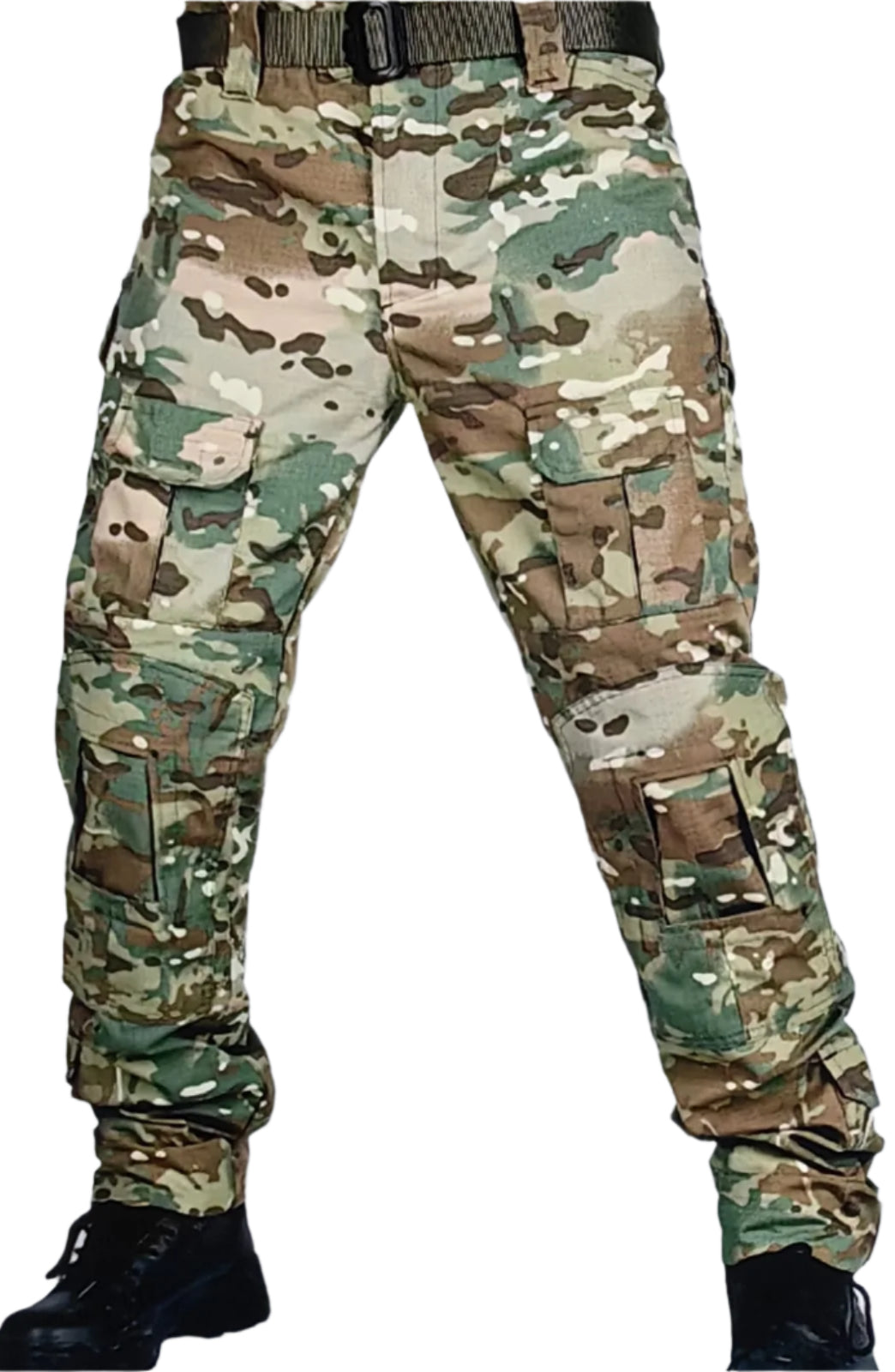 Camouflage pants with a belt and black boots on a white background