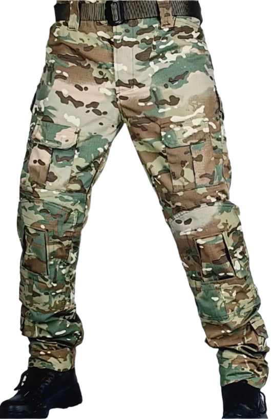 Camouflage pants with a belt and black boots on a white background