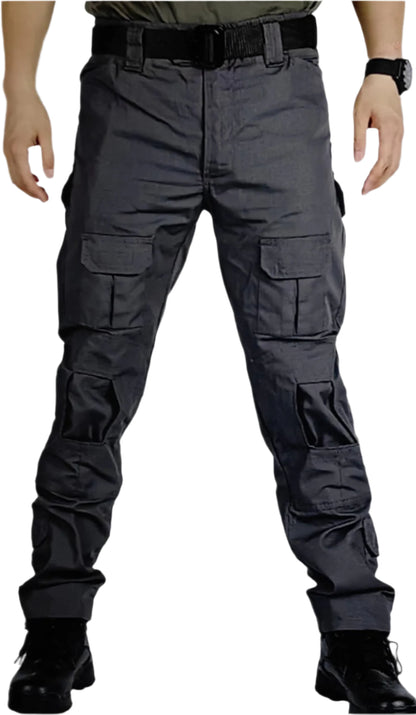 Person wearing dark gray pants on a white background
