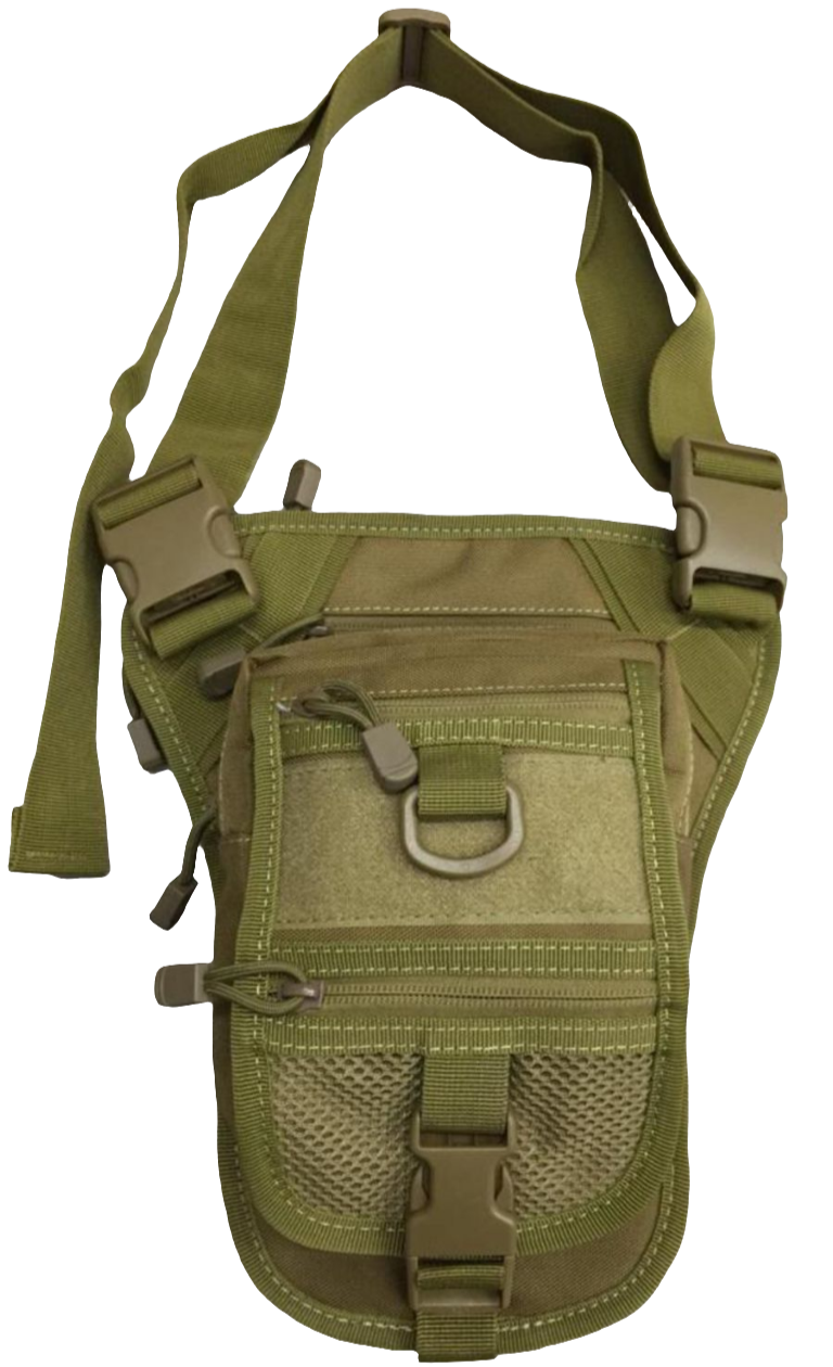 Green shoulder bag with multiple pockets and straps on a white background