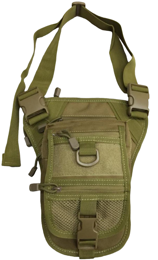 Green shoulder bag with multiple pockets and straps on a white background
