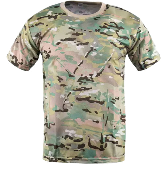 Camouflage-patterned t-shirt on a white background