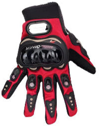 A collection of motorbike gloves in black, blue, and red colors with protective shells on the knuckles.