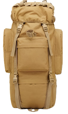 Tan backpack with multiple pockets and straps on a white background