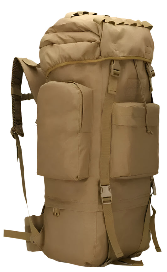 Tan backpack with multiple pockets and straps on a white background