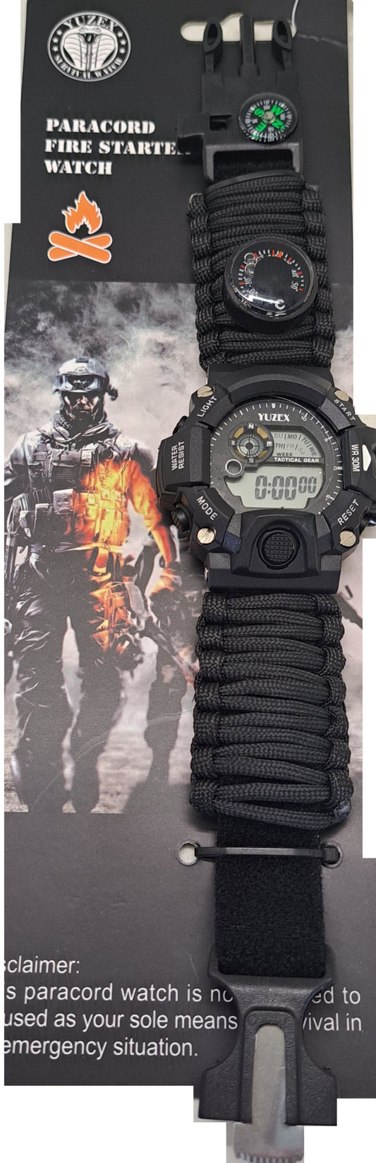Black paracord watch with digital display on a black background