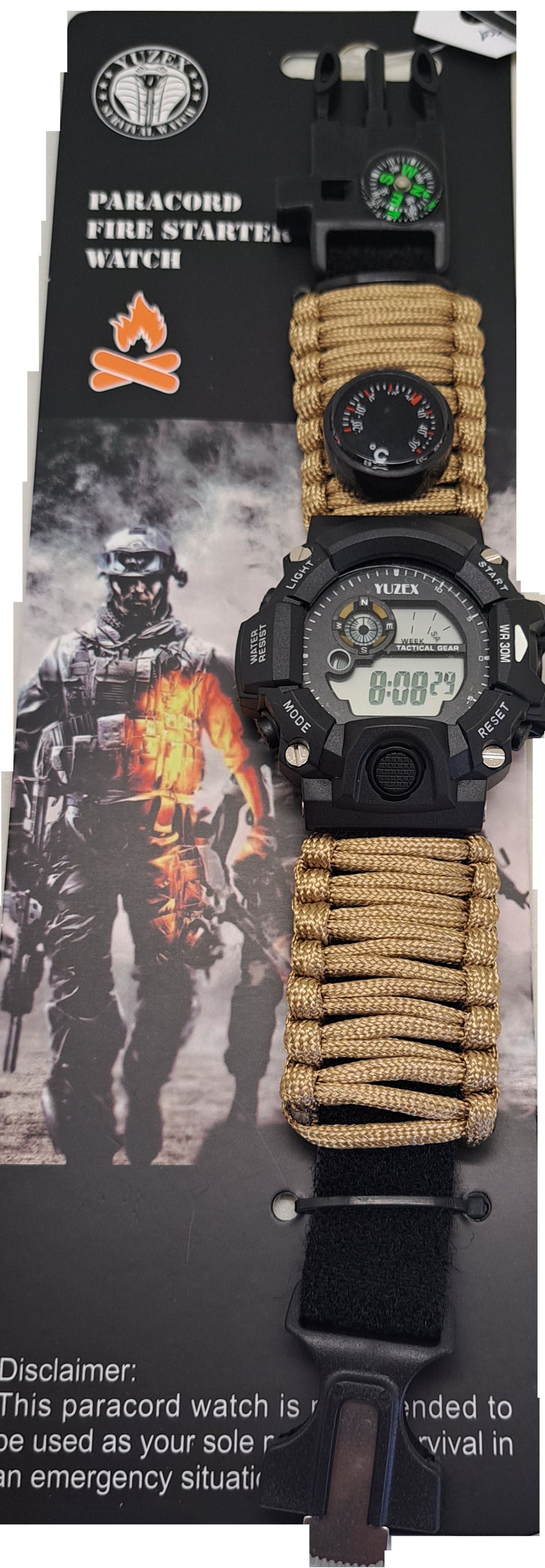 Digital watch with paracord strap on packaging