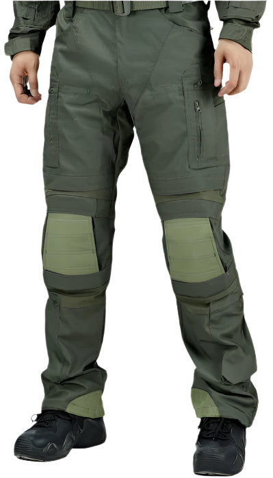 A pair of men's green camouflage cargo pants with multiple pockets and a belt.