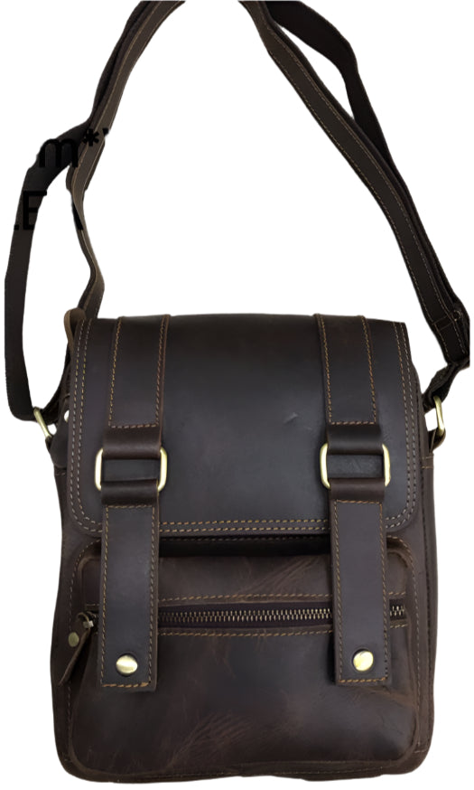 Three angles of a brown genuine leather shoulder bag with visible stitching and metal hardware.
