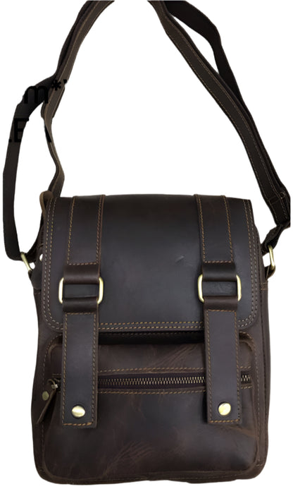 Three angles of a brown genuine leather shoulder bag with visible stitching and metal hardware.