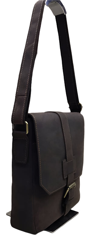 Black leather bag shown from multiple angles on a wooden surface.