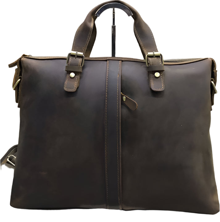 A collage of images showing a brown genuine leather laptop bag from different angles, highlighting the bag's design and features.