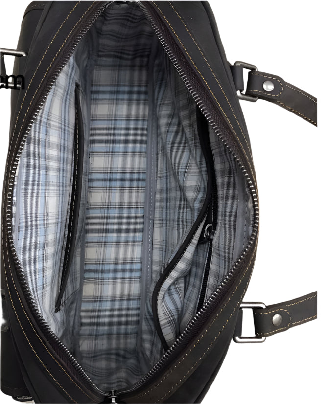Black leather handbag shown from multiple angles with dimensions and material details on a wooden surface.
