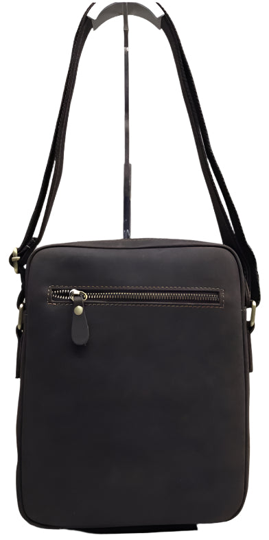 A brown genuine leather sling bag displayed from multiple angles, showing the front, back, and side views. The bag has a zipper closure and a shoulder strap.