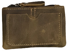 Grid of various brown leather coin bags with dimensions and material details.