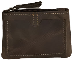 Grid of various brown leather coin bags with specifications at the bottom.