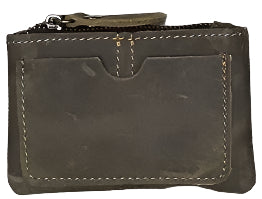 Grid of various brown leather coin bags with specifications at the bottom.