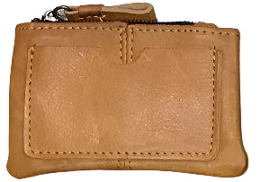Grid of various brown leather coin bags with specifications at the bottom.