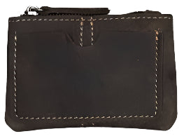 Grid of various brown leather coin bags with specifications at the bottom.