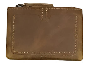 Grid of various brown leather coin bags with specifications at the bottom.