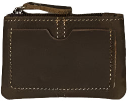 Grid of various brown leather coin bags with specifications at the bottom.