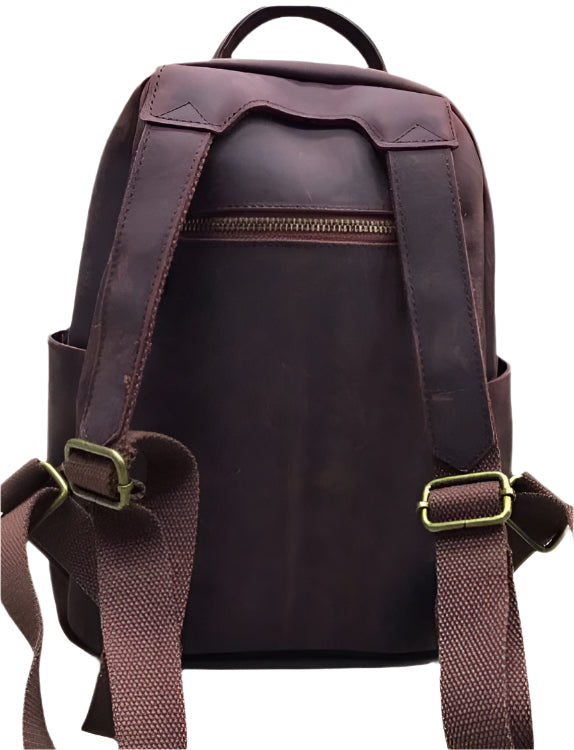 Brown leather backpack shown from multiple angles on a white background