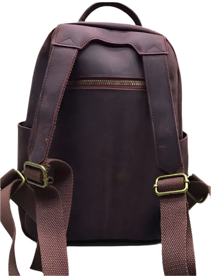 Brown leather backpack shown from multiple angles on a white background