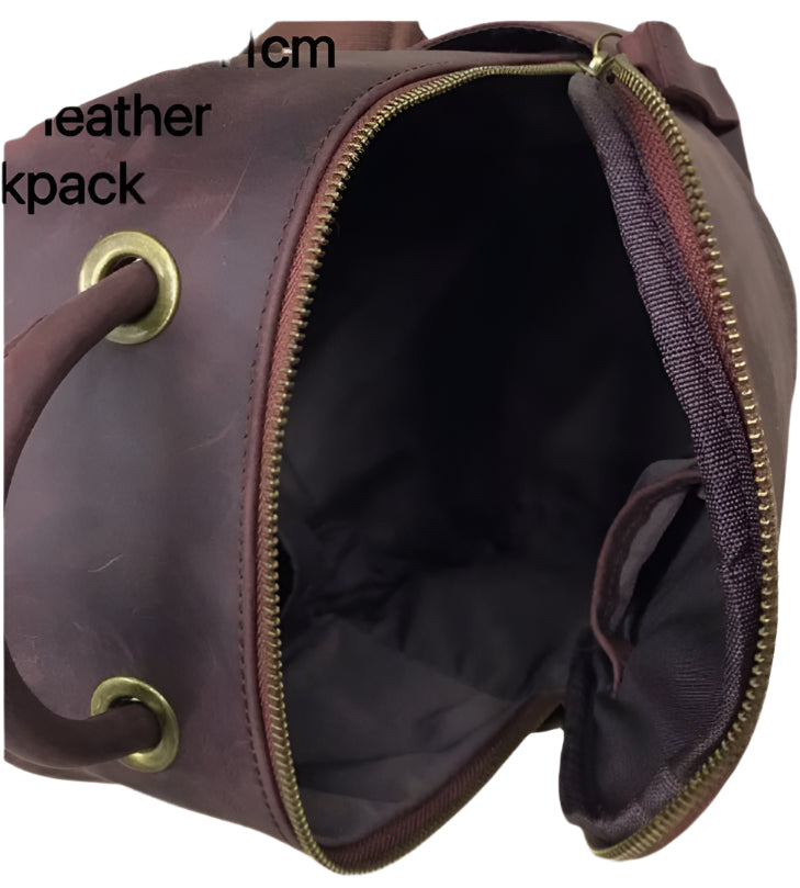 Brown leather backpack shown from multiple angles on a white background