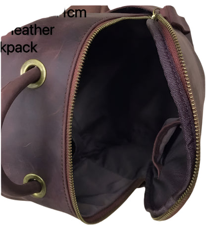 Brown leather backpack shown from multiple angles on a white background