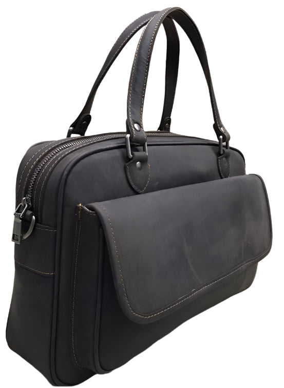 Black leather handbag shown from multiple angles with dimensions and material details on a wooden surface.