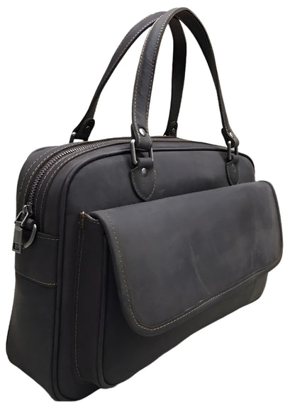 Black leather handbag shown from multiple angles with dimensions and material details on a wooden surface.